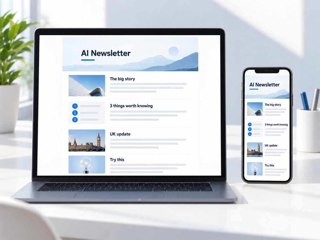The same AI Newsletter issue shown on a laptop and a phone, laid out
                    in the six-section format.