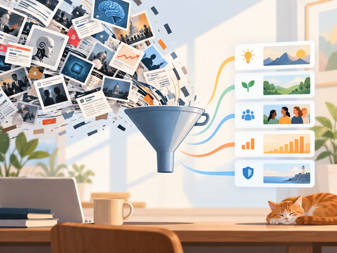 A funnel: a large volume of AI announcements arriving from the left, and
                    a small set of useful, business-relevant items coming out of the right.